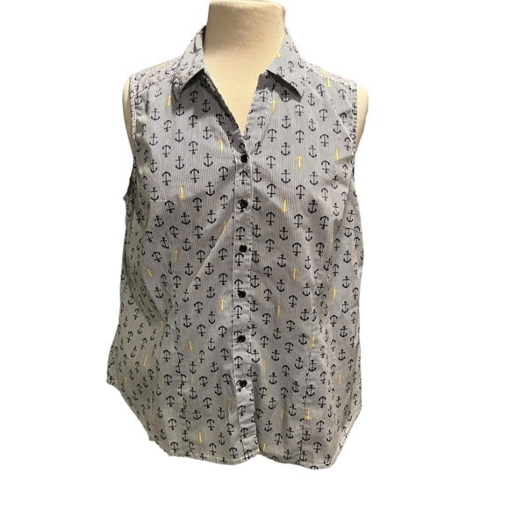 Cathy Nautical Anchor Print Sleeveless Button Down Shirt Pinstripe Tank #148‎